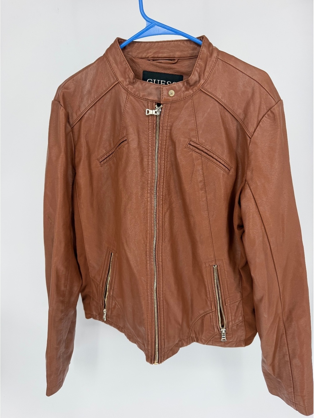 Guess Women's Brown Faux Leather Jacket with Floral Lining Size XXL